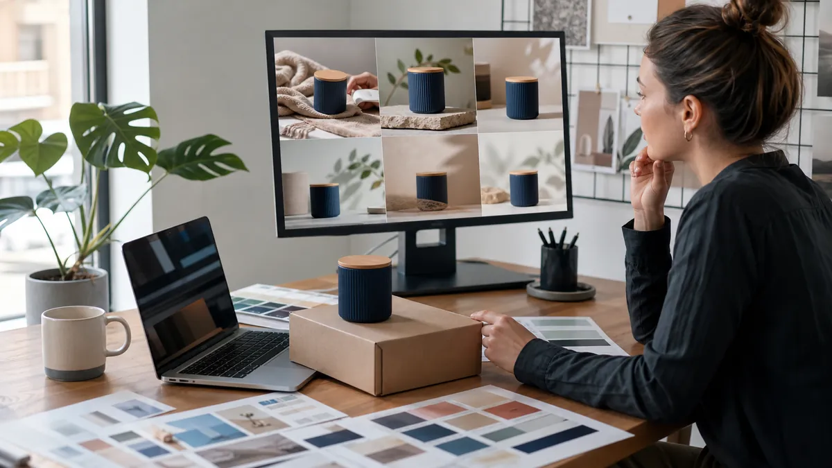 Specjalistka e-commerce porównuje na ekranie różne wersje zdjęcia produktowego przygotowane do kampanii reklamowej
