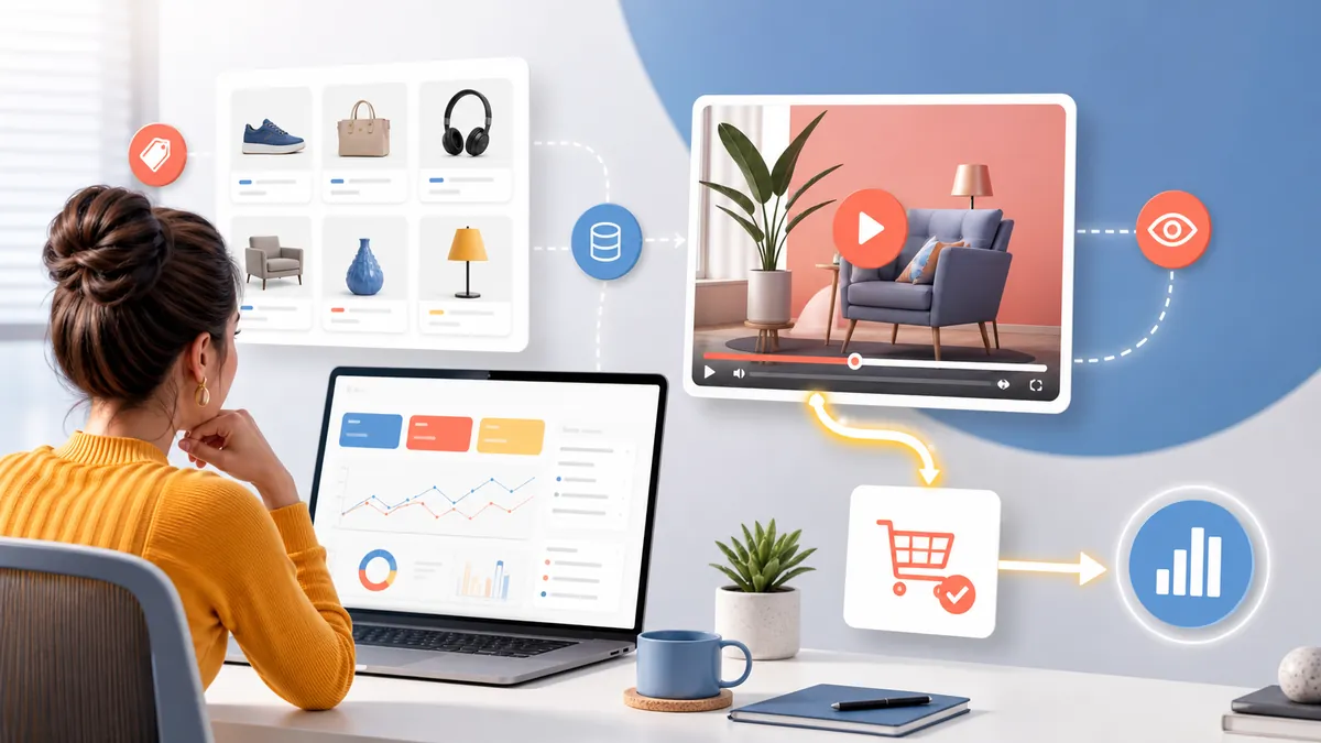 Ilustracja analityczki łączącej katalog produktów, reklamę wideo i pomiar konwersji w kampanii Demand Gen