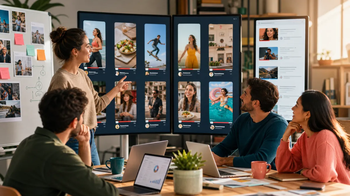 Zespół marketingowy analizuje wiele pionowych kreacji wideo i współprace z twórcami na dużych ekranach