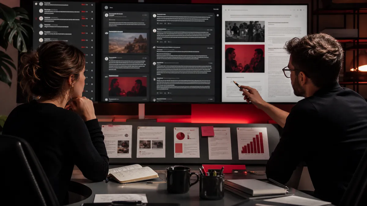 Strateg i copywriter analizują rozmowy społeczności oraz szkic długiej reklamy na dużych ekranach