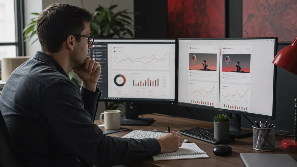 Marketer porównuje dwa warianty kampanii reklamowej na monitorach z wynikami testu A/B