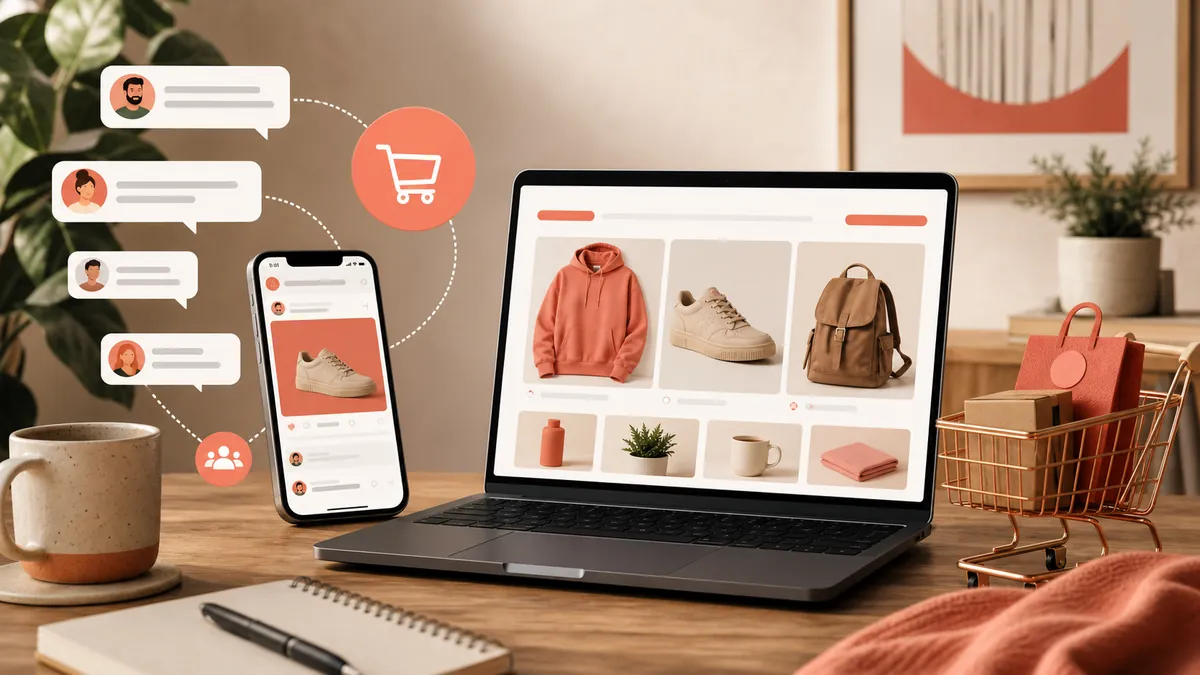 Laptop i smartfon z widokiem zakupów online symbolizują połączenie sklepu Shopify z katalogiem reklamowym Reddita