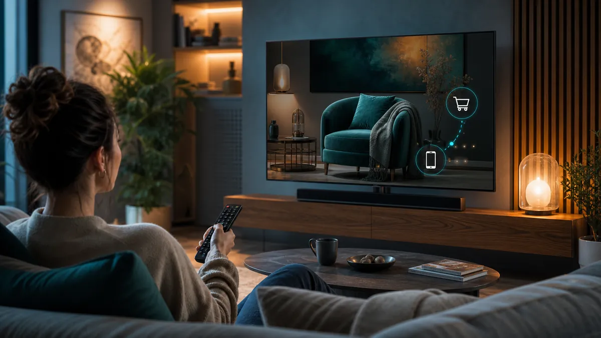 Pilot, telewizor i ekran z serwisem streamingowym symbolizują reklamę telewizyjną, która pozwala przejść od oglądania do działania