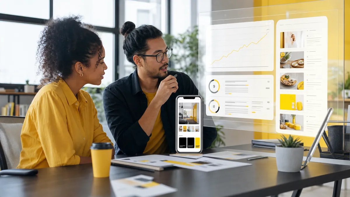 Dwójka marketerów analizuje kampanię mobilną i podpowiedzi AI na jasnym ekranie w biurze