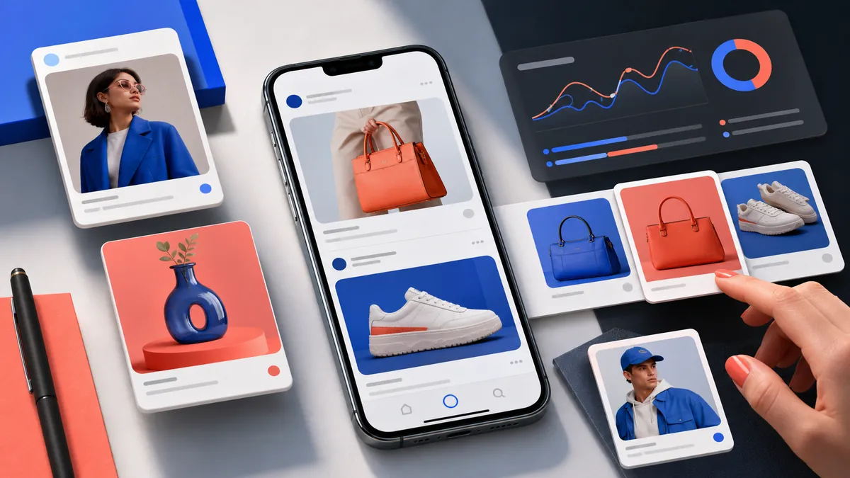 Ilustracja smartfona z karuzelą reklamową i panelami kreatywnymi dla kampanii w social mediach