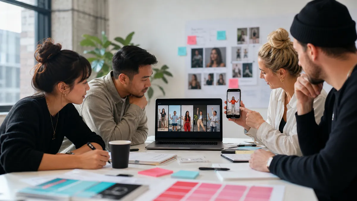 Zespół marketingowy analizuje pionowe materiały twórców na laptopie i smartfonie, wybierając treści do kampanii TikTok Ads