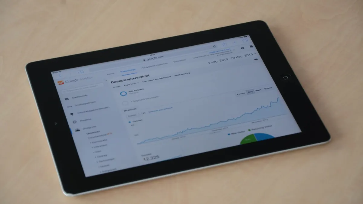Tablet z panelem analitycznym symbolizuje testowanie budżetu i celów ROAS w kampaniach Google AI Max