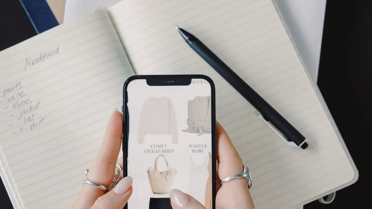 Osoba wybiera produkt na smartfonie przy biurku, co symbolizuje łączenie filmu z ofertą w reklamie katalogowej TikTok